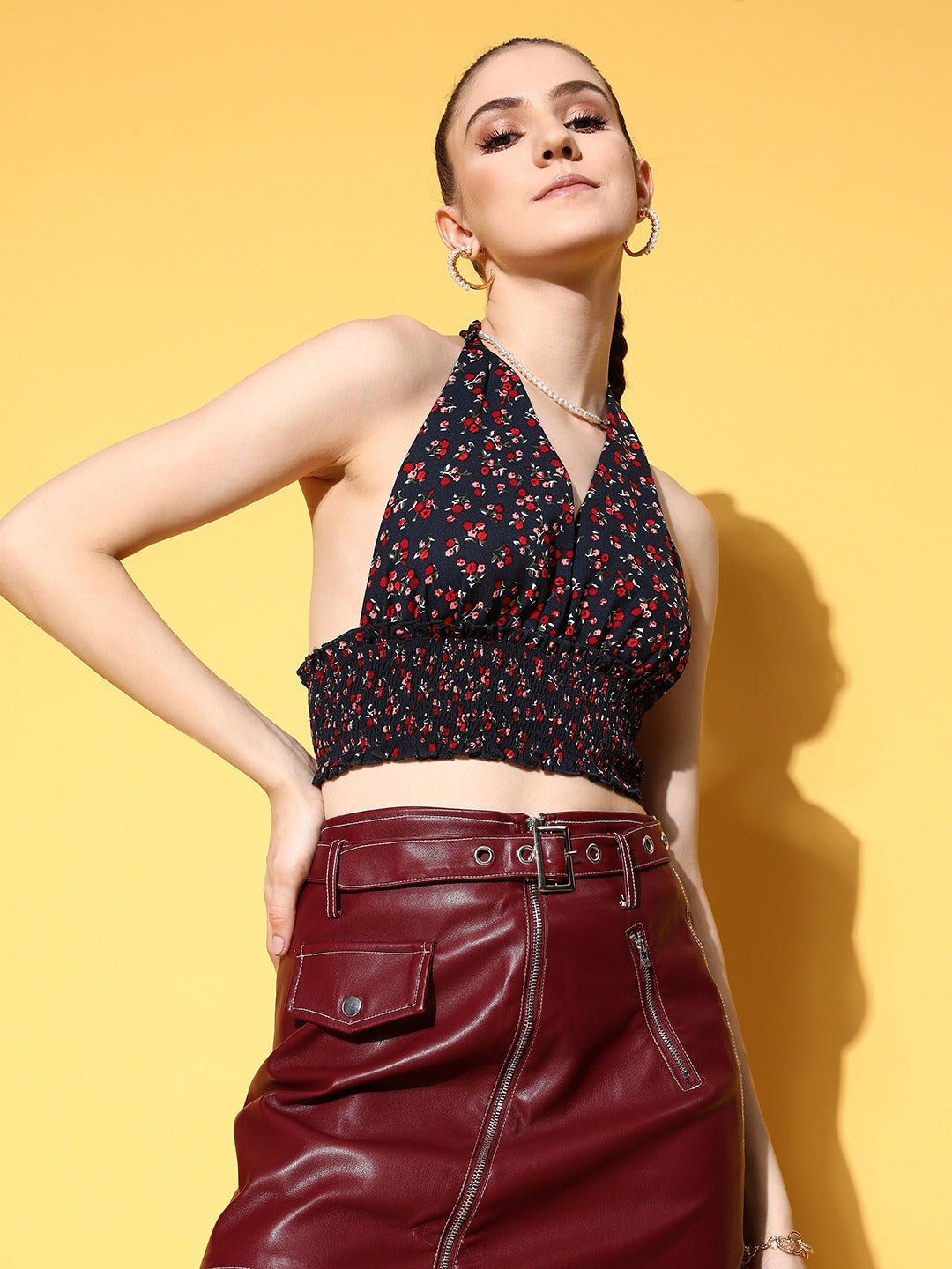 Folk Republic Women Navy Blue & Red Floral Printed Halter Neck Tie-Up Backless Crepe Smocked Crop Top - #folk republic#
