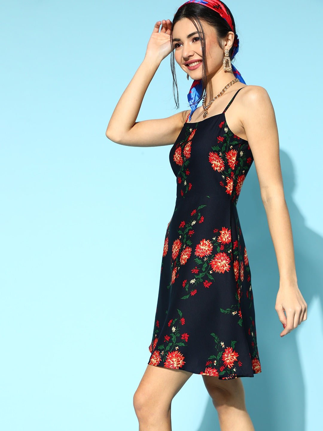 Folk Republic Women Navy Blue & Red Floral Printed Square Neck Crepe Flared A-Line Mini Dress - #folk republic#