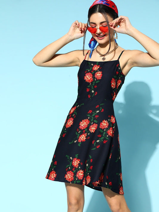 Folk Republic Women Navy Blue & Red Floral Printed Square Neck Crepe Flared A-Line Mini Dress - #folk republic#