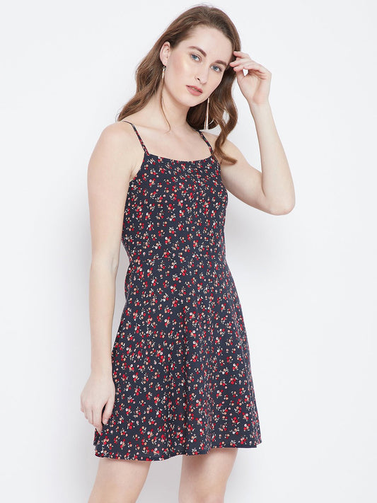 Folk Republic Women Navy Blue & Red Floral Printed Square Neck Flared Fit & Flare Mini Dress - #folk republic#