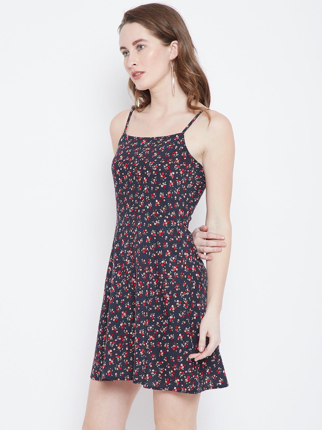 Folk Republic Women Navy Blue & Red Floral Printed Square Neck Flared Fit & Flare Mini Dress - #folk republic#