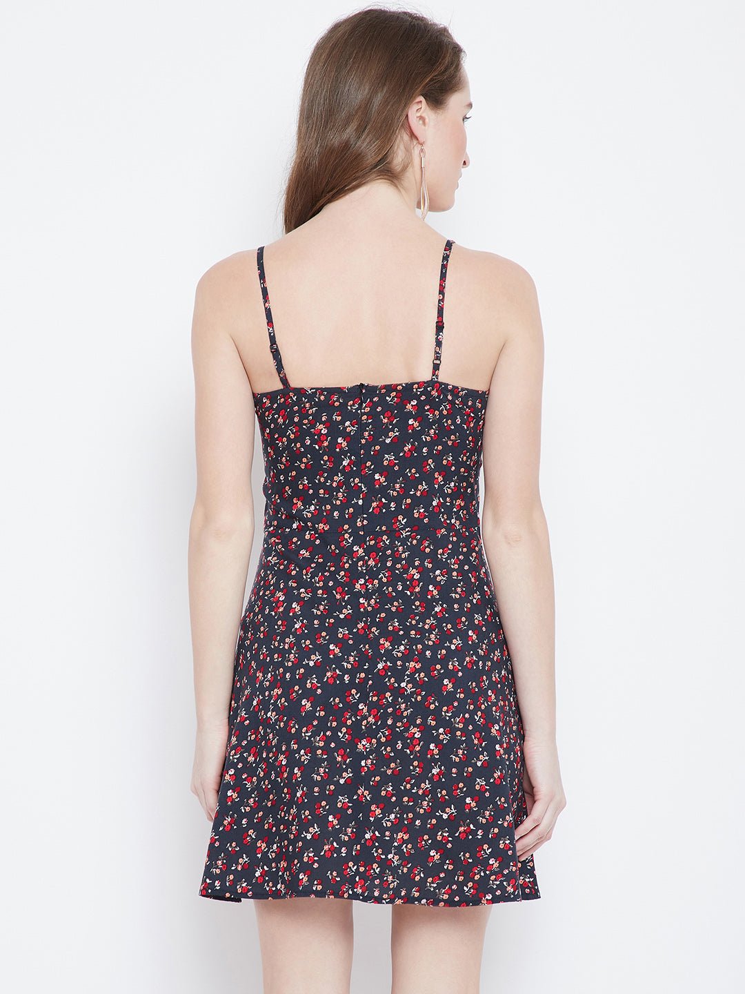 Folk Republic Women Navy Blue & Red Floral Printed Square Neck Flared Fit & Flare Mini Dress - #folk republic#