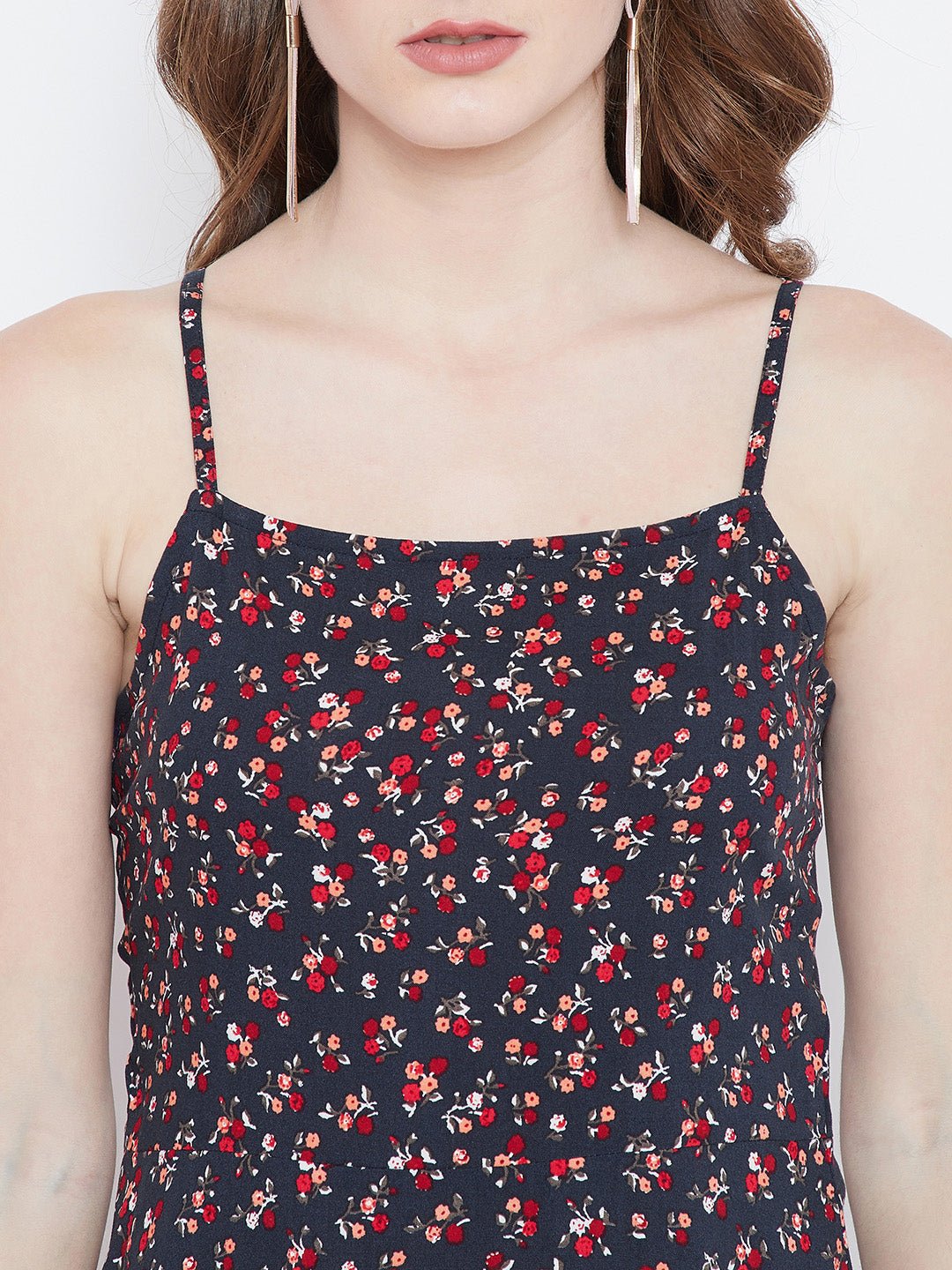 Folk Republic Women Navy Blue & Red Floral Printed Square Neck Flared Fit & Flare Mini Dress - #folk republic#