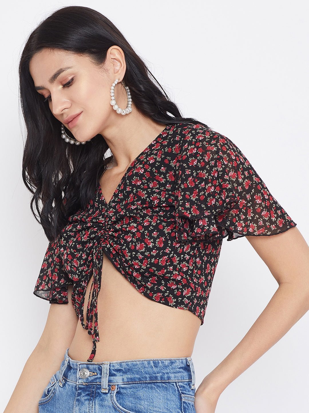 Folk Republic Women Navy Blue & Red Floral Printed V-Neck Front Tie-Up Gathered Crop Top - #folk republic#