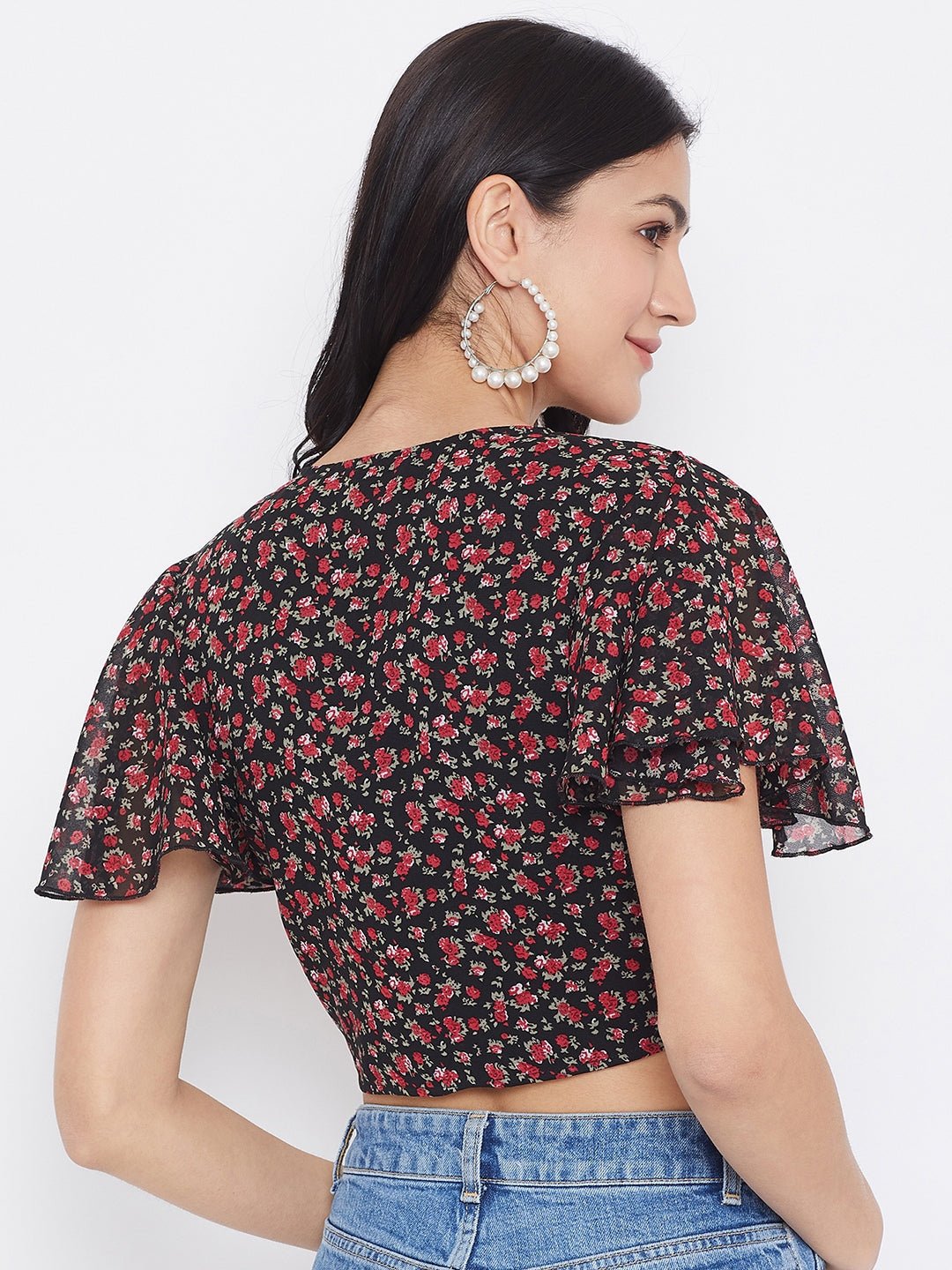 Folk Republic Women Navy Blue & Red Floral Printed V-Neck Front Tie-Up Gathered Crop Top - #folk republic#