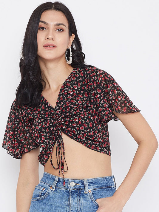 Folk Republic Women Navy Blue & Red Floral Printed V-Neck Front Tie-Up Gathered Crop Top - #folk republic#