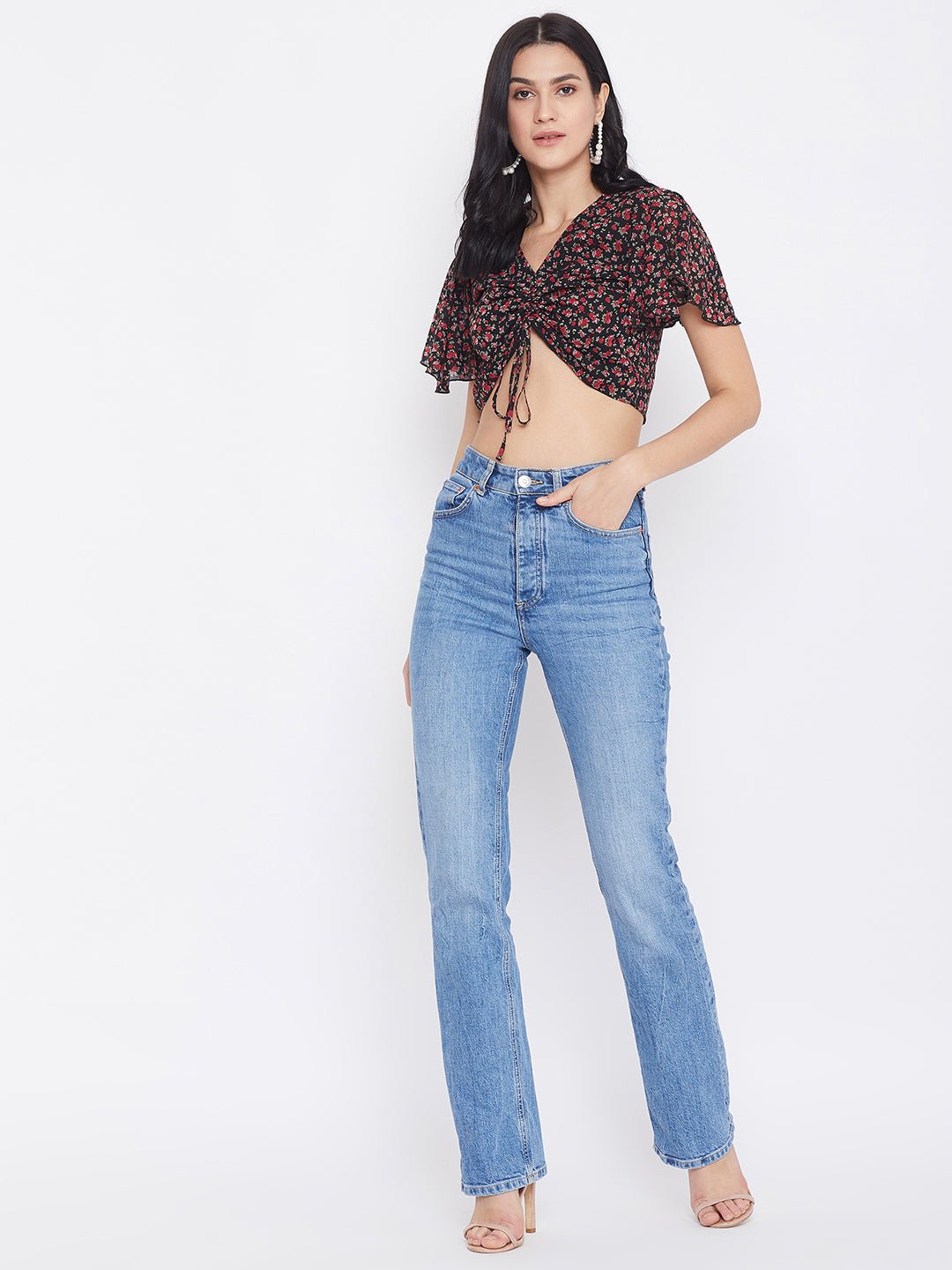 Folk Republic Women Navy Blue & Red Floral Printed V-Neck Front Tie-Up Gathered Crop Top - #folk republic#