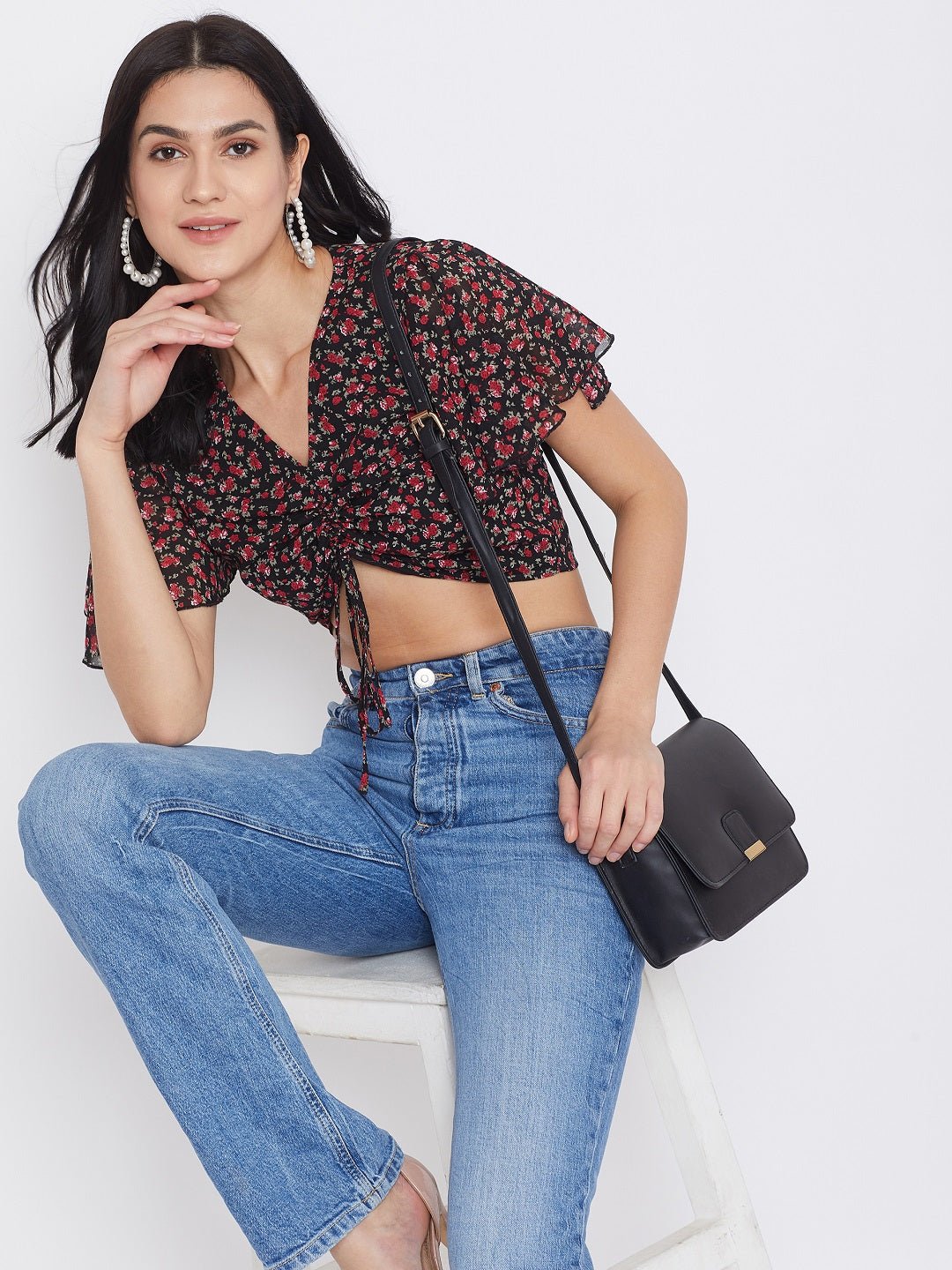Folk Republic Women Navy Blue & Red Floral Printed V-Neck Front Tie-Up Gathered Crop Top - #folk republic#