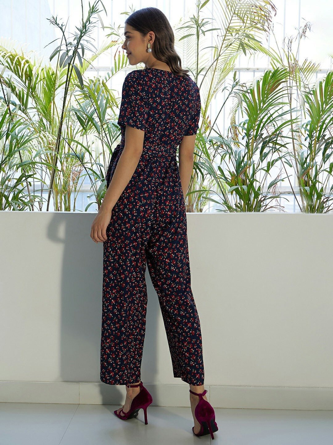 Folk Republic Women Navy Blue & Red Floral Printed V-Neck Short Sleeves Waist Tie-Up Basic Jumpsuit - #folk republic#