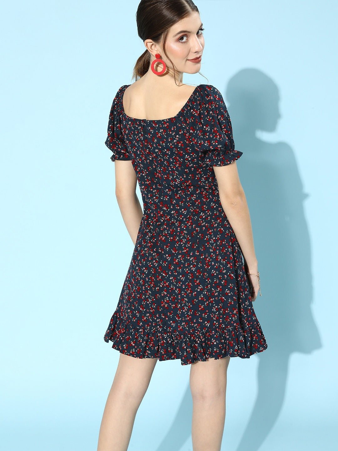Folk Republic Women Navy Blue & Red Floral Ruffled Hem A-Line Mini Dress - #folk republic#