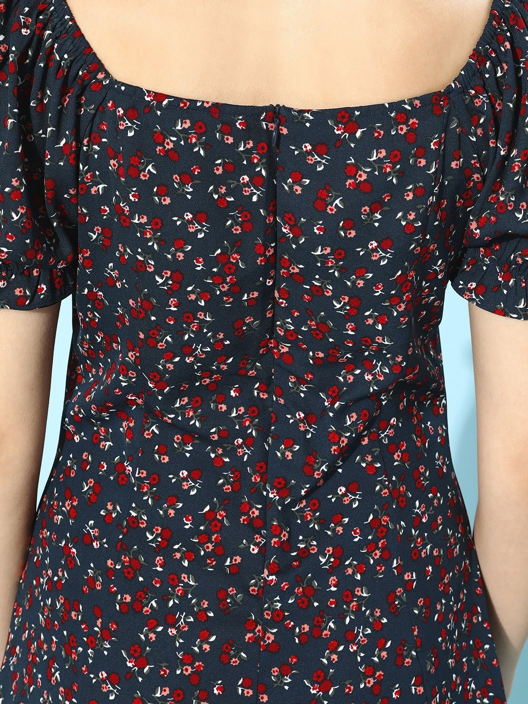 Folk Republic Women Navy Blue & Red Floral Ruffled Hem A-Line Mini Dress - #folk republic#