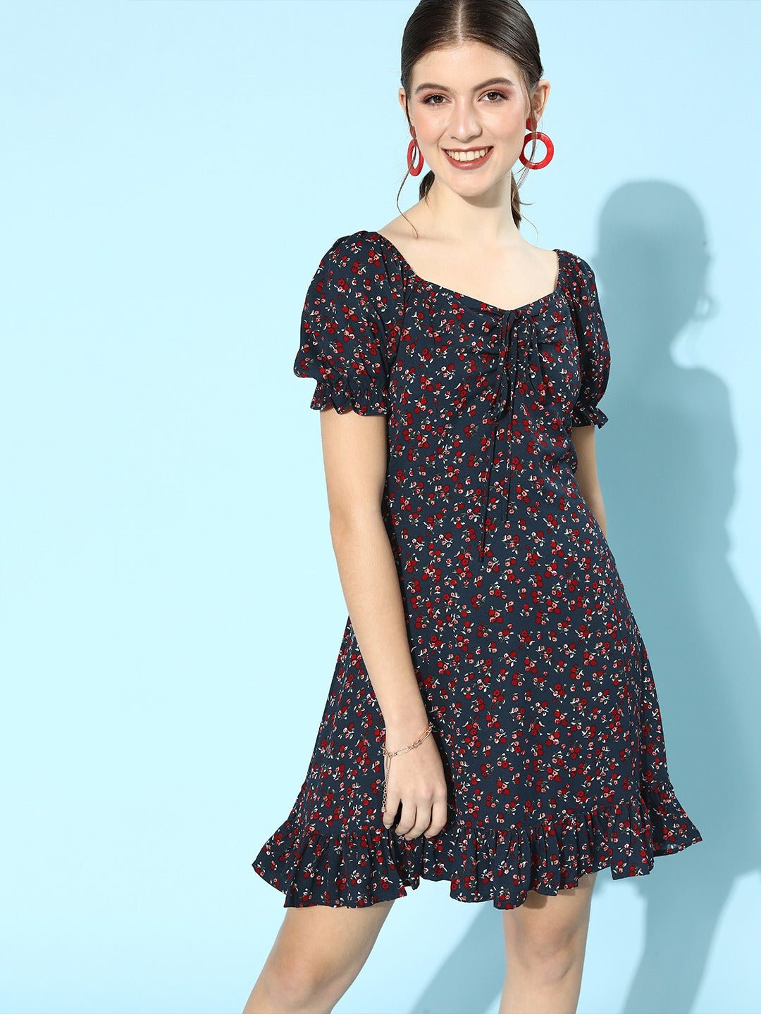 Folk Republic Women Navy Blue & Red Floral Ruffled Hem A-Line Mini Dress - #folk republic#