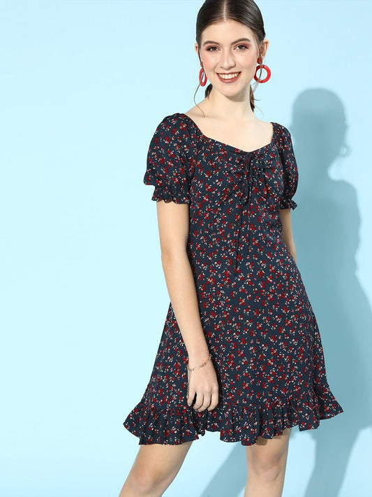 Folk Republic Women Navy Blue & Red Floral Ruffled Hem A-Line Mini Dress - #folk republic#