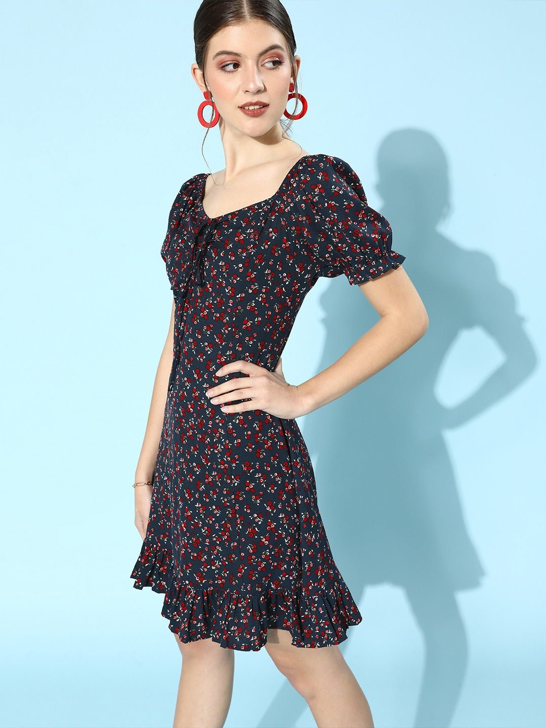Folk Republic Women Navy Blue & Red Floral Ruffled Hem A-Line Mini Dress - #folk republic#