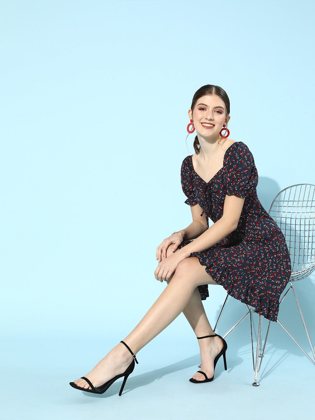 Folk Republic Women Navy Blue & Red Floral Ruffled Hem A-Line Mini Dress - #folk republic#
