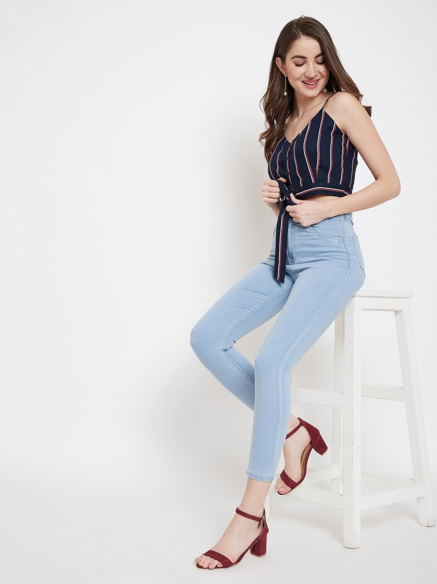 Folk Republic Women Navy Blue & Red Stripe Patterned V-Neck Front Tie Knot Cropped Top - #folk republic#