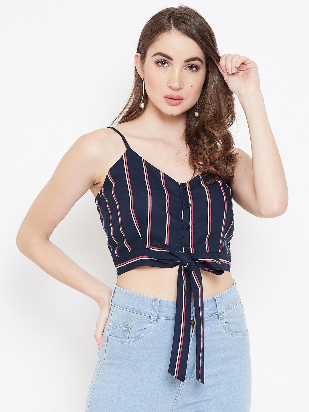 Folk Republic Women Navy Blue & Red Stripe Patterned V-Neck Front Tie Knot Cropped Top - #folk republic#