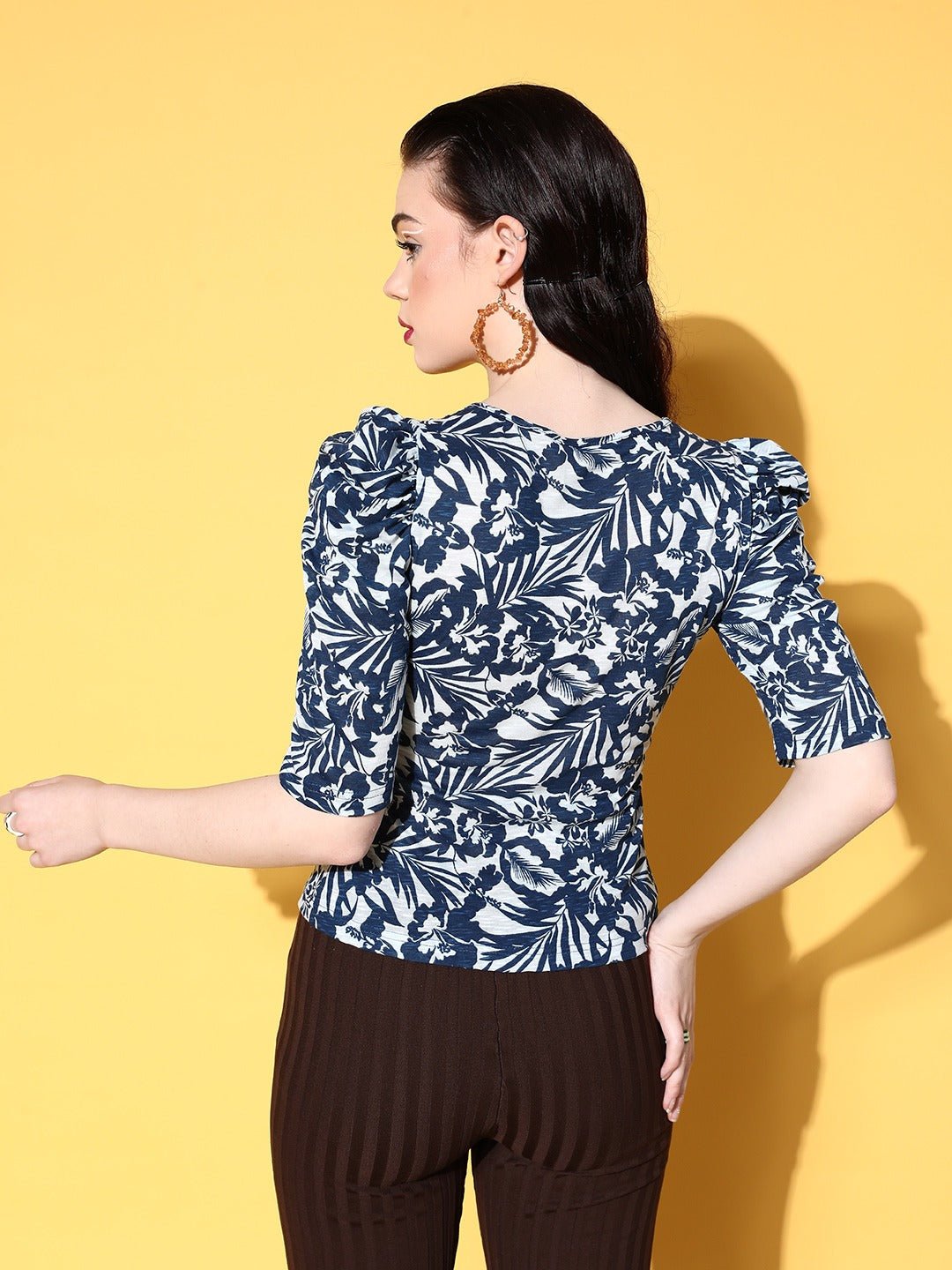 Folk Republic Women Navy Blue & White Floral Printed V-Neck Cotton Pleated Regular Wrap Top - #folk republic#