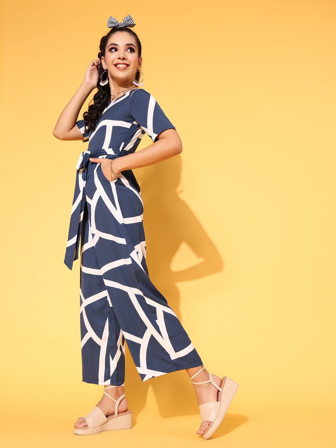 Folk Republic Women Navy Blue & White Geometric Printed Round Neck Tie-Up Waist Wide Leg Regular Jumpsuit - #folk republic#