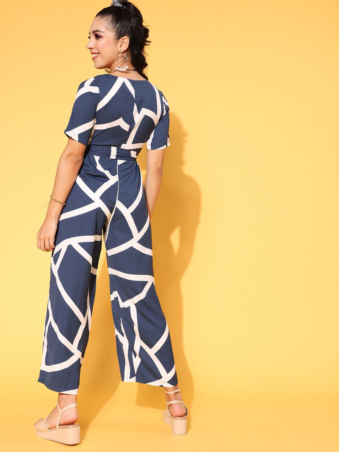 Folk Republic Women Navy Blue & White Geometric Printed Round Neck Tie-Up Waist Wide Leg Regular Jumpsuit - #folk republic#