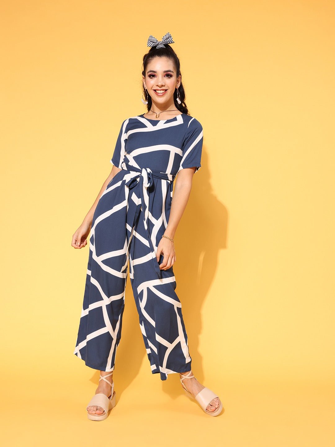 Folk Republic Women Navy Blue & White Geometric Printed Round Neck Tie-Up Waist Wide Leg Regular Jumpsuit - #folk republic#