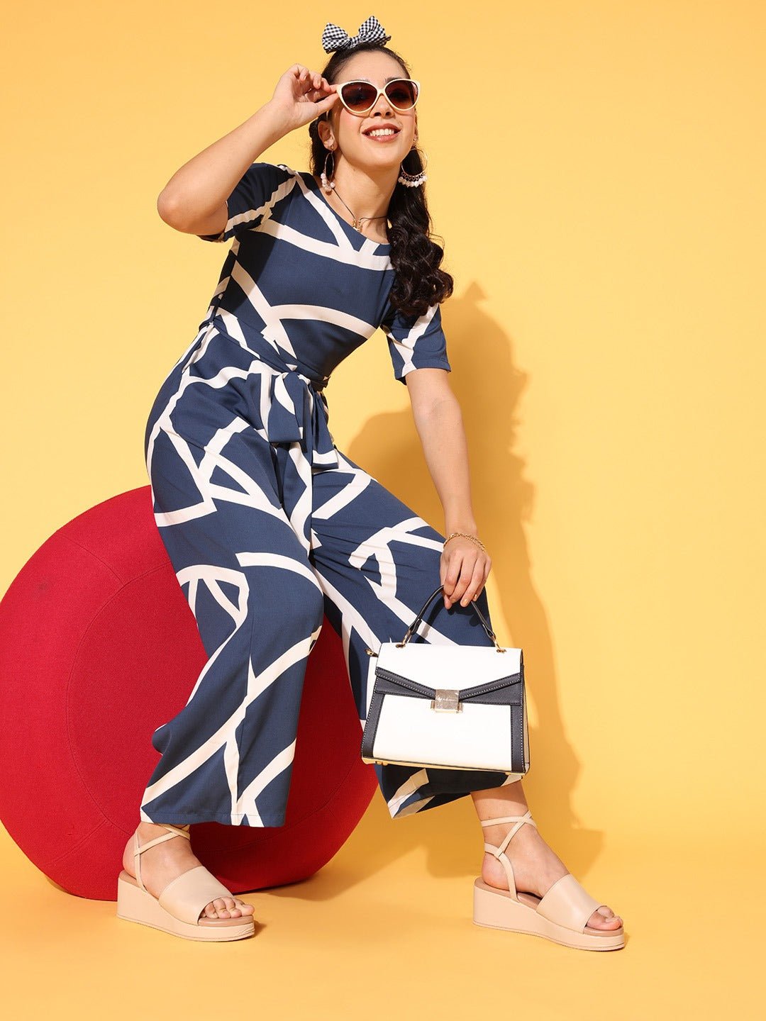 Folk Republic Women Navy Blue & White Geometric Printed Round Neck Tie-Up Waist Wide Leg Regular Jumpsuit - #folk republic#