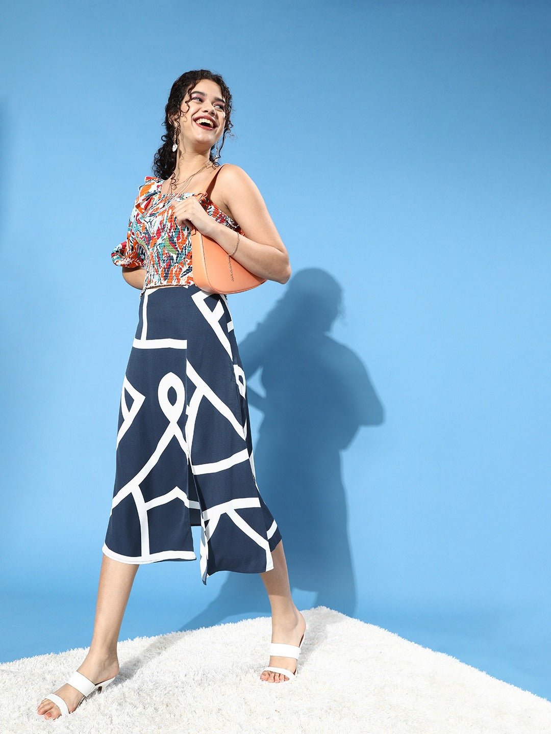 Folk Republic Women Navy Blue & White Geometric Printed Split Thigh Midi Skirt - #folk republic#