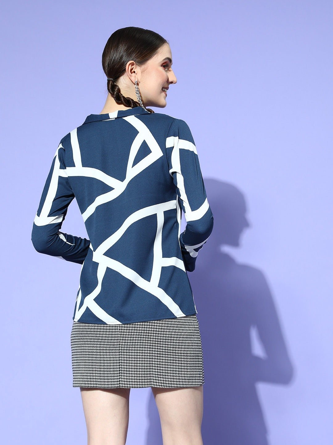 Folk Republic Women Navy Blue & White Geometric Printed Tie-Up Neck Crepe Regular Top - #folk republic#