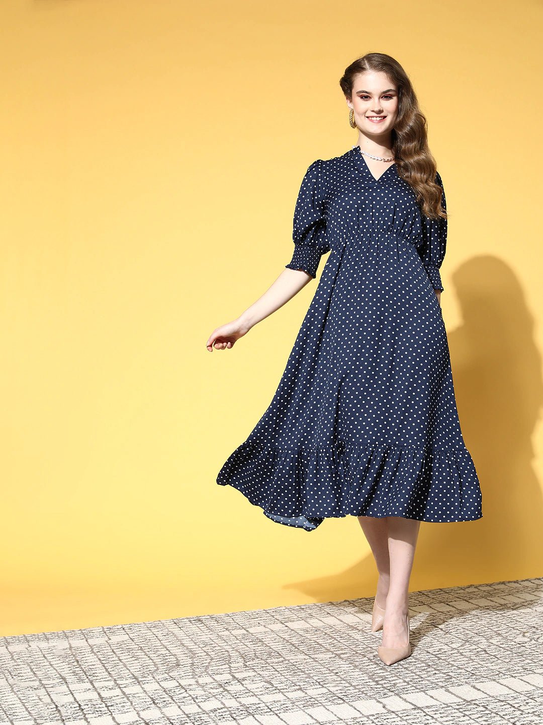 Folk Republic Women Navy Blue & White Polka Dot Printed Mandarin Collar Neck Crepe Pleated Fit & Flare Midi Dress - #folk republic#