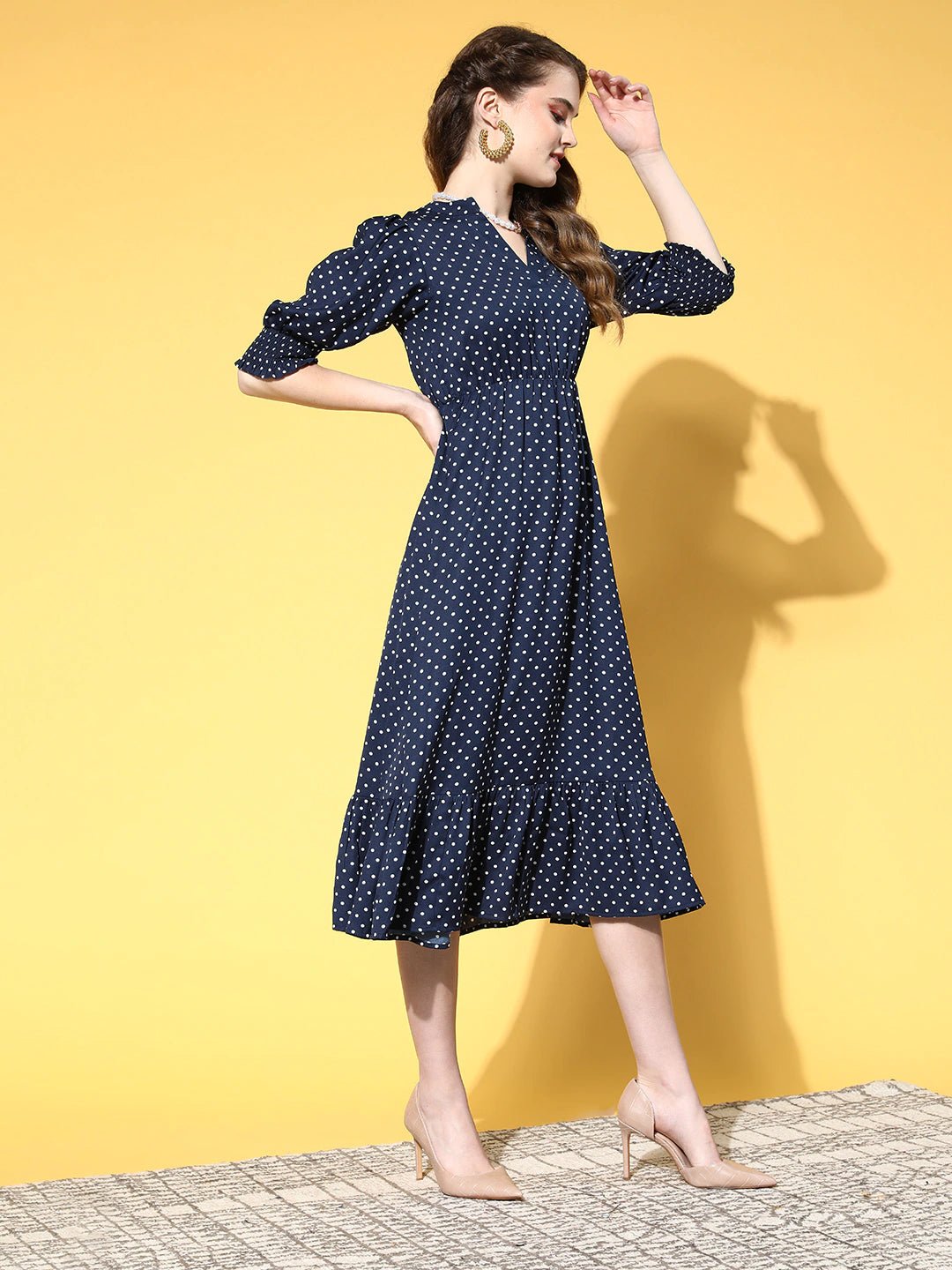 Folk Republic Women Navy Blue & White Polka Dot Printed Mandarin Collar Neck Crepe Pleated Fit & Flare Midi Dress - #folk republic#