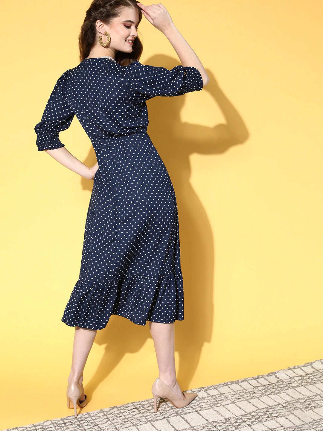 Folk Republic Women Navy Blue & White Polka Dot Printed Mandarin Collar Neck Crepe Pleated Fit & Flare Midi Dress - #folk republic#