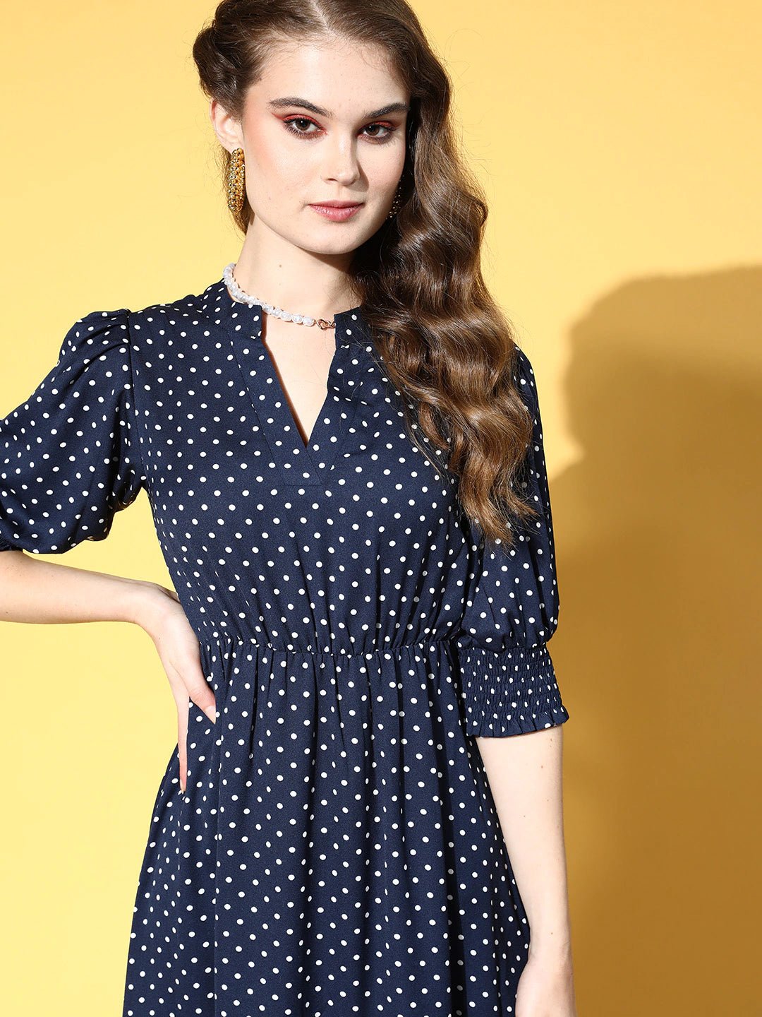 Folk Republic Women Navy Blue & White Polka Dot Printed Mandarin Collar Neck Crepe Pleated Fit & Flare Midi Dress - #folk republic#