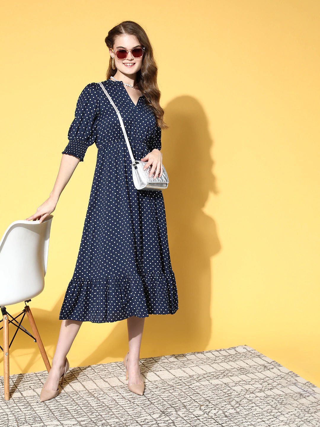 Folk Republic Women Navy Blue & White Polka Dot Printed Mandarin Collar Neck Crepe Pleated Fit & Flare Midi Dress - #folk republic#