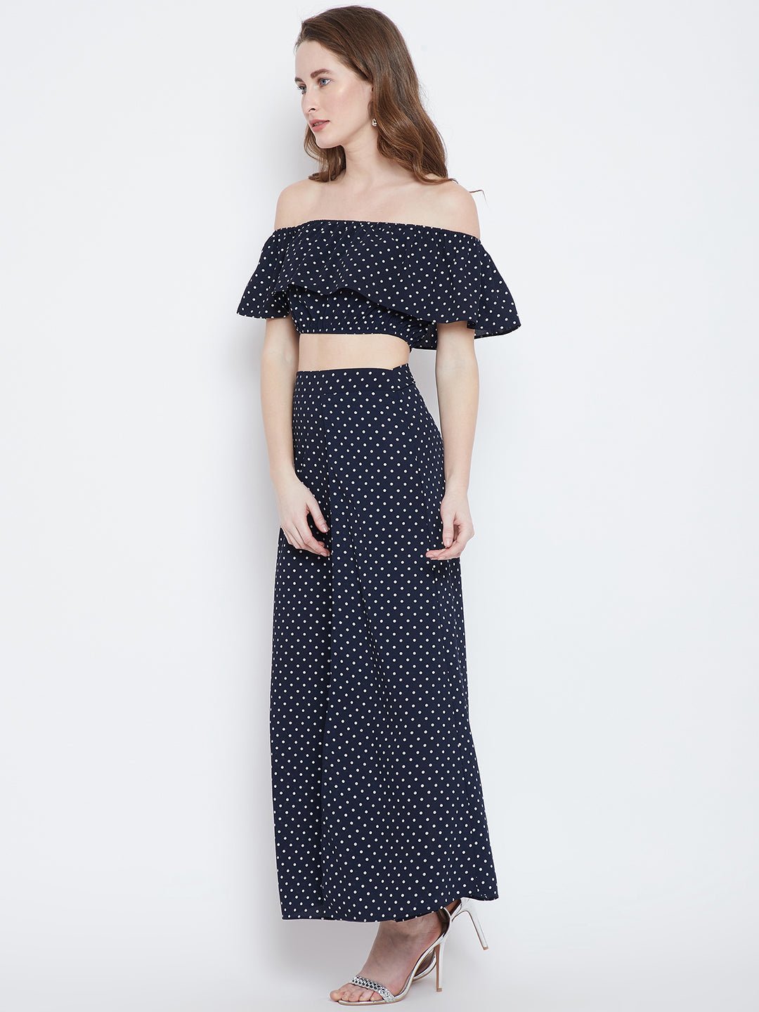 Folk Republic Women Navy Blue & White Polka Dot Printed Off-Shoulder Neck Ruffled Co-Ordinate Maxi Dress - #folk republic#