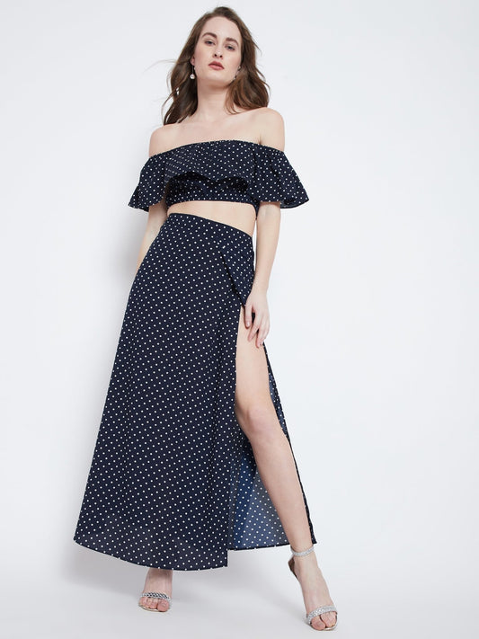Folk Republic Women Navy Blue & White Polka Dot Printed Off-Shoulder Neck Ruffled Co-Ordinate Maxi Dress - #folk republic#