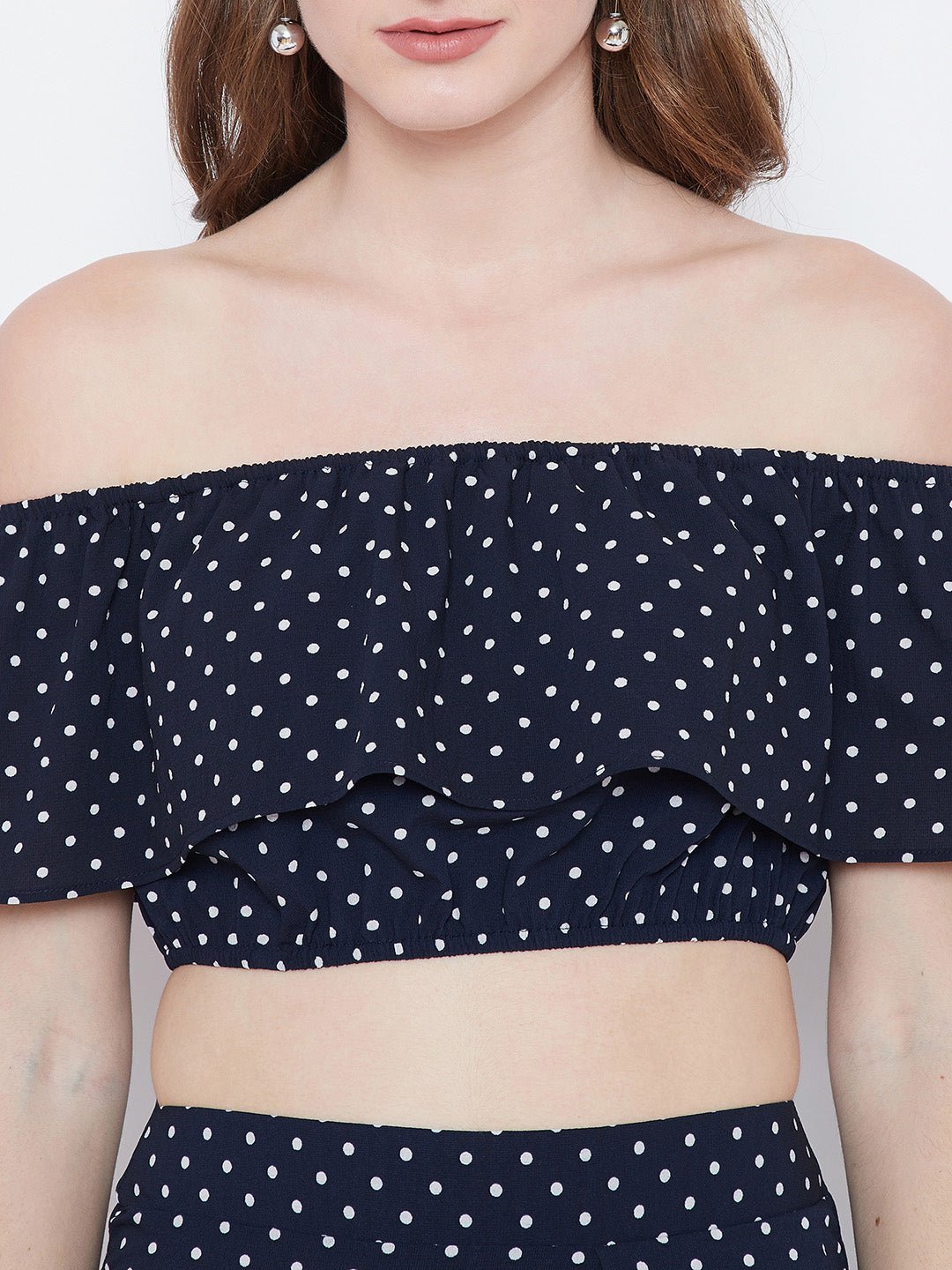 Folk Republic Women Navy Blue & White Polka Dot Printed Off-Shoulder Neck Ruffled Co-Ordinate Maxi Dress - #folk republic#