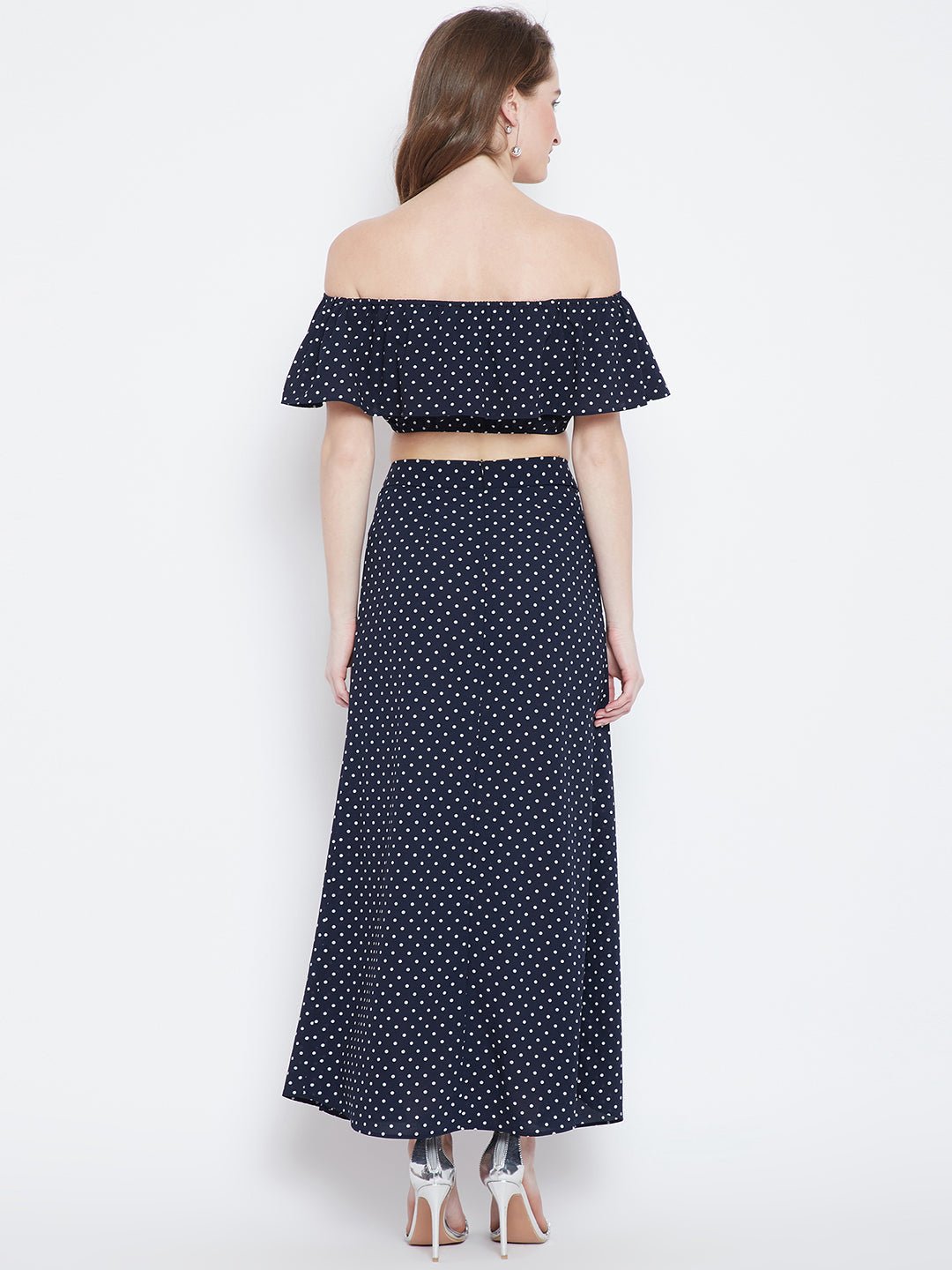 Folk Republic Women Navy Blue & White Polka Dot Printed Off-Shoulder Neck Ruffled Co-Ordinate Maxi Dress - #folk republic#