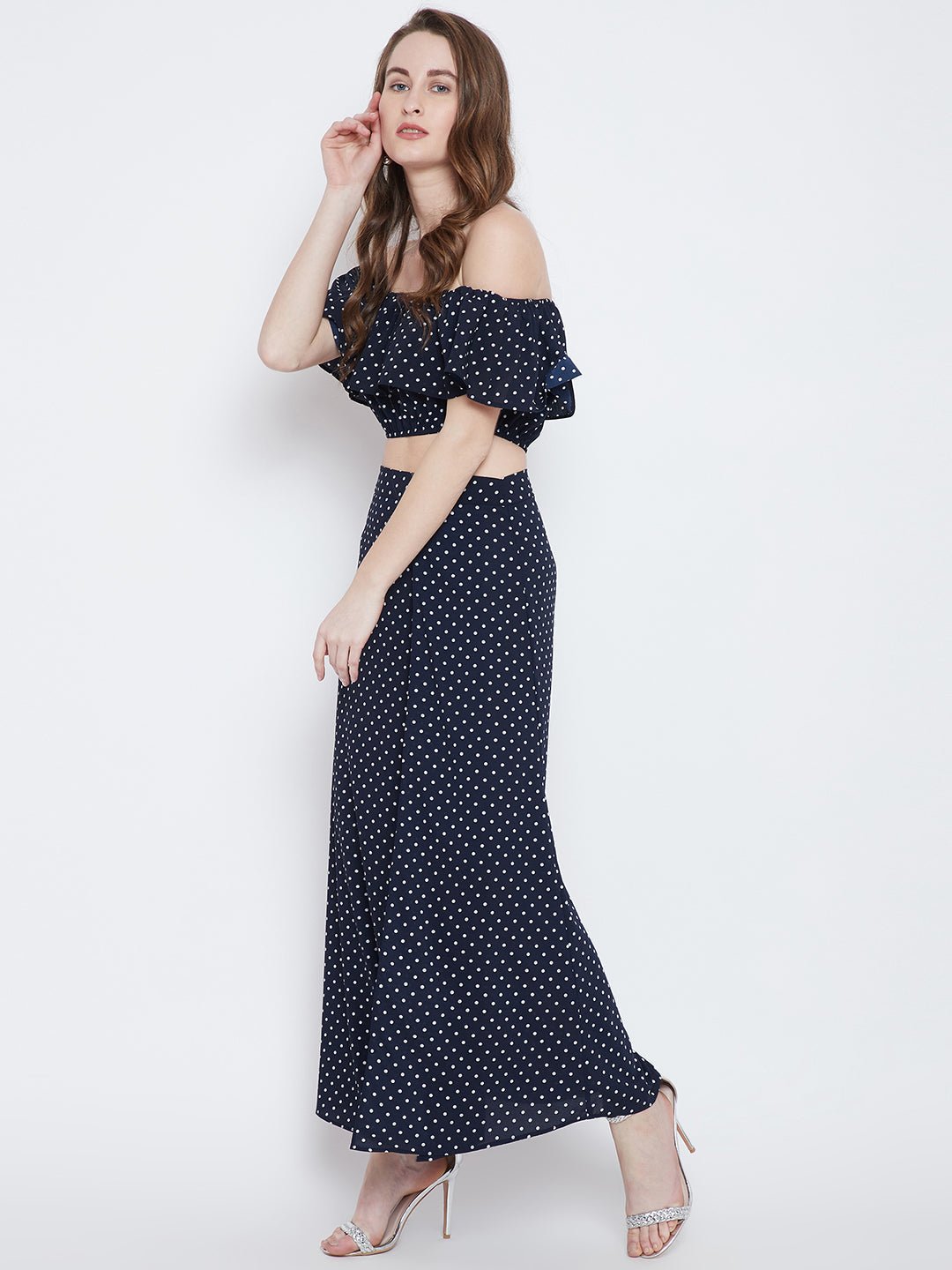 Folk Republic Women Navy Blue & White Polka Dot Printed Off-Shoulder Neck Ruffled Co-Ordinate Maxi Dress - #folk republic#