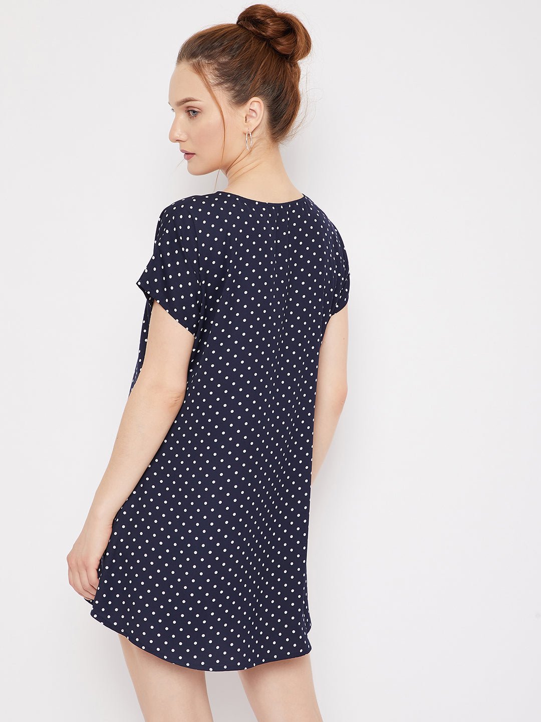 Folk Republic Women Navy Blue & White Polka Dot Printed Round Neck Curved Mini T-Shirt Dress - #folk republic#