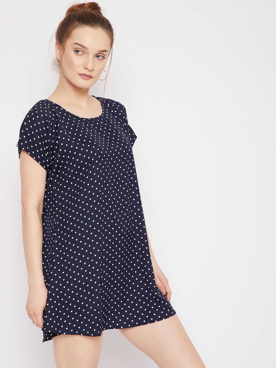 Folk Republic Women Navy Blue & White Polka Dot Printed Round Neck Curved Mini T-Shirt Dress - #folk republic#