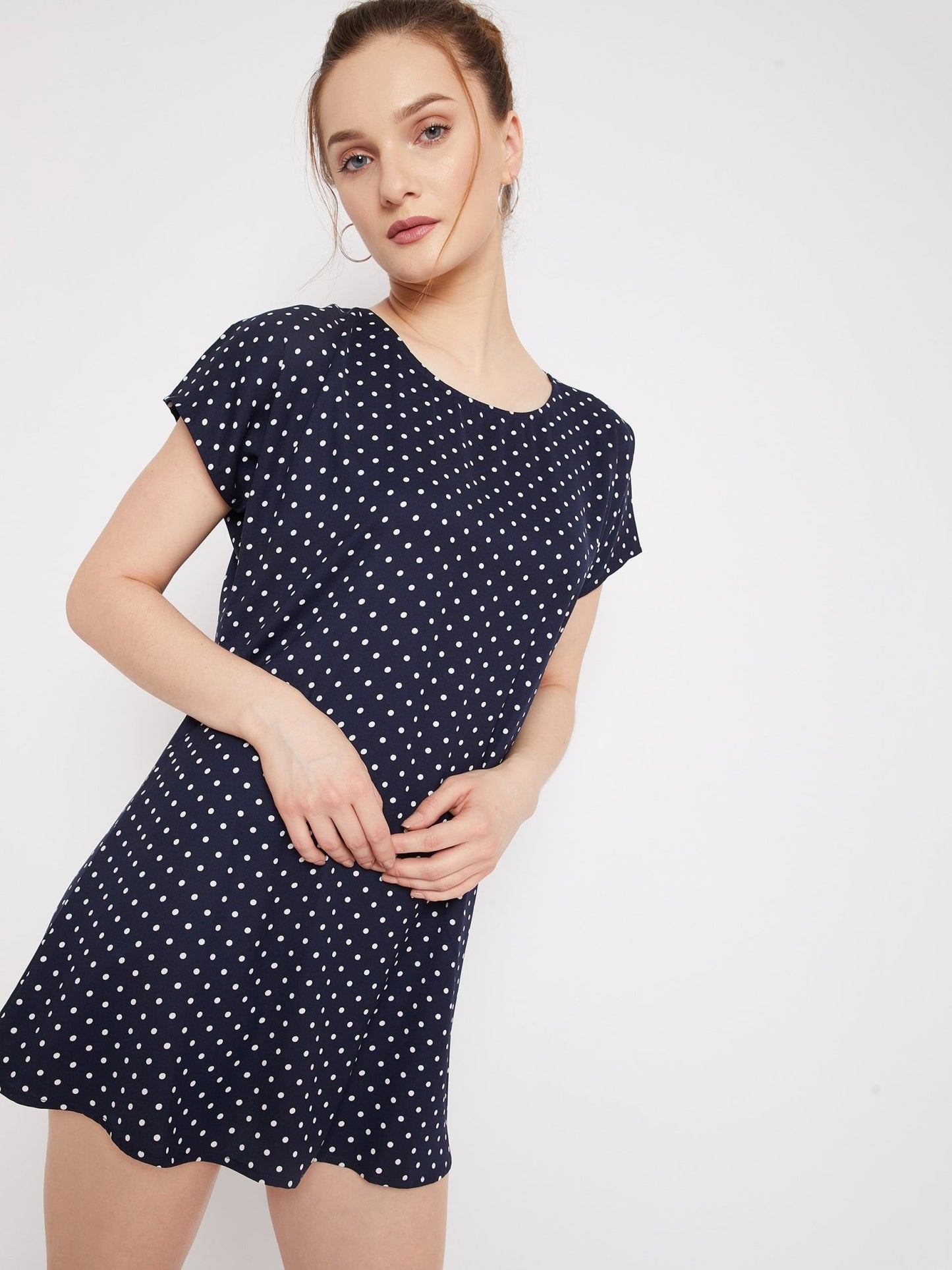 Folk Republic Women Navy Blue & White Polka Dot Printed Round Neck Curved Mini T-Shirt Dress - #folk republic#