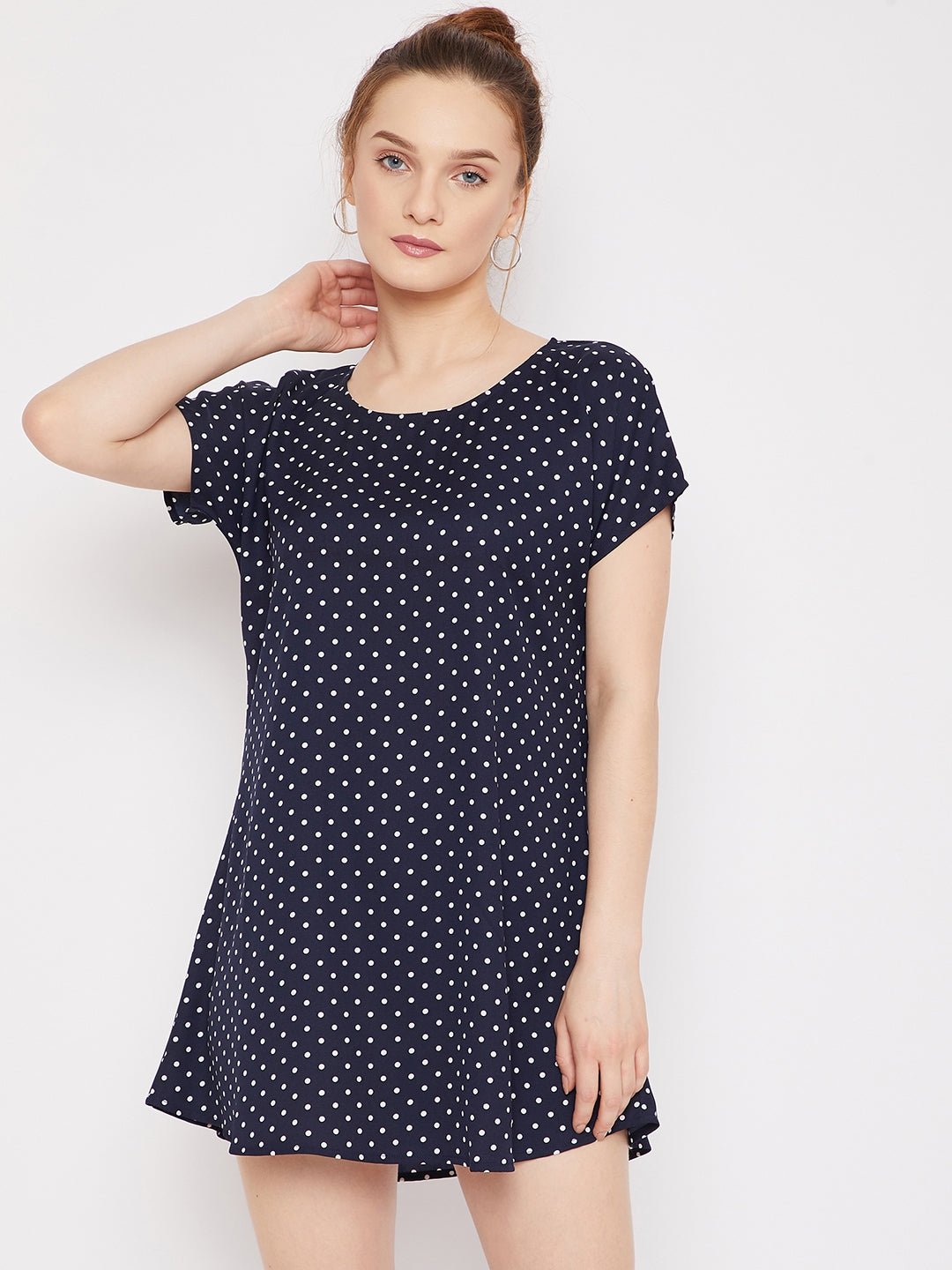 Folk Republic Women Navy Blue & White Polka Dot Printed Round Neck Curved Mini T-Shirt Dress - #folk republic#