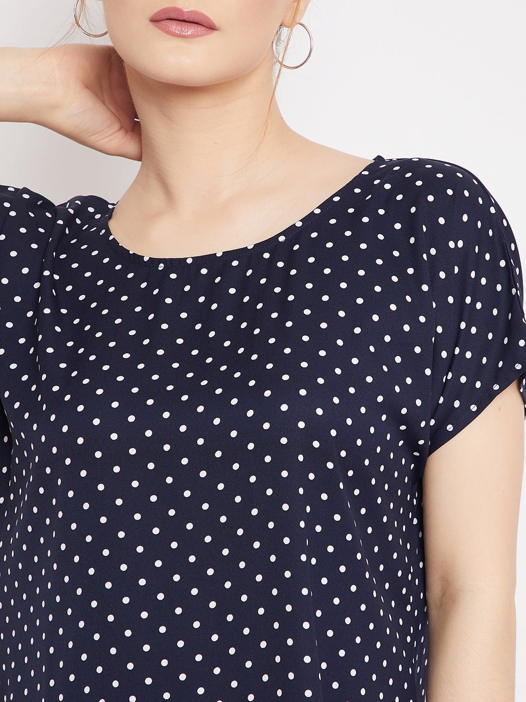 Folk Republic Women Navy Blue & White Polka Dot Printed Round Neck Curved Mini T-Shirt Dress - #folk republic#
