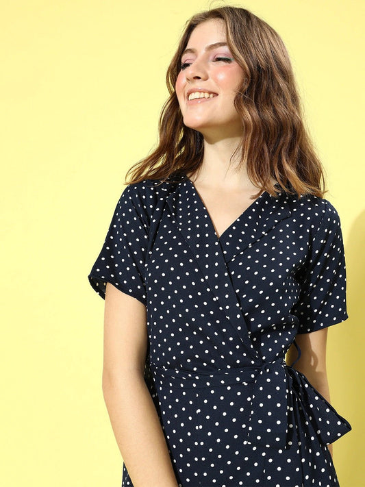 Folk Republic Women Navy Blue & White Polka Dot Printed Shawl Neck Culotte Jumpsuit - #folk republic#