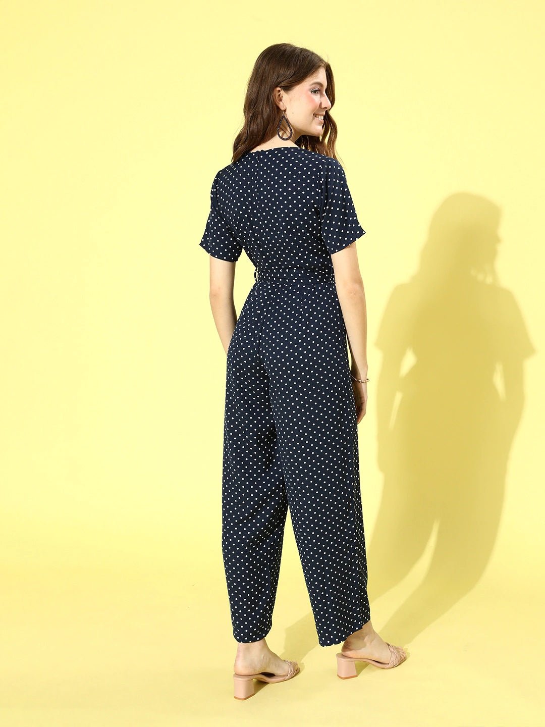 Folk Republic Women Navy Blue & White Polka Dot Printed Shawl Neck Culotte Jumpsuit - #folk republic#