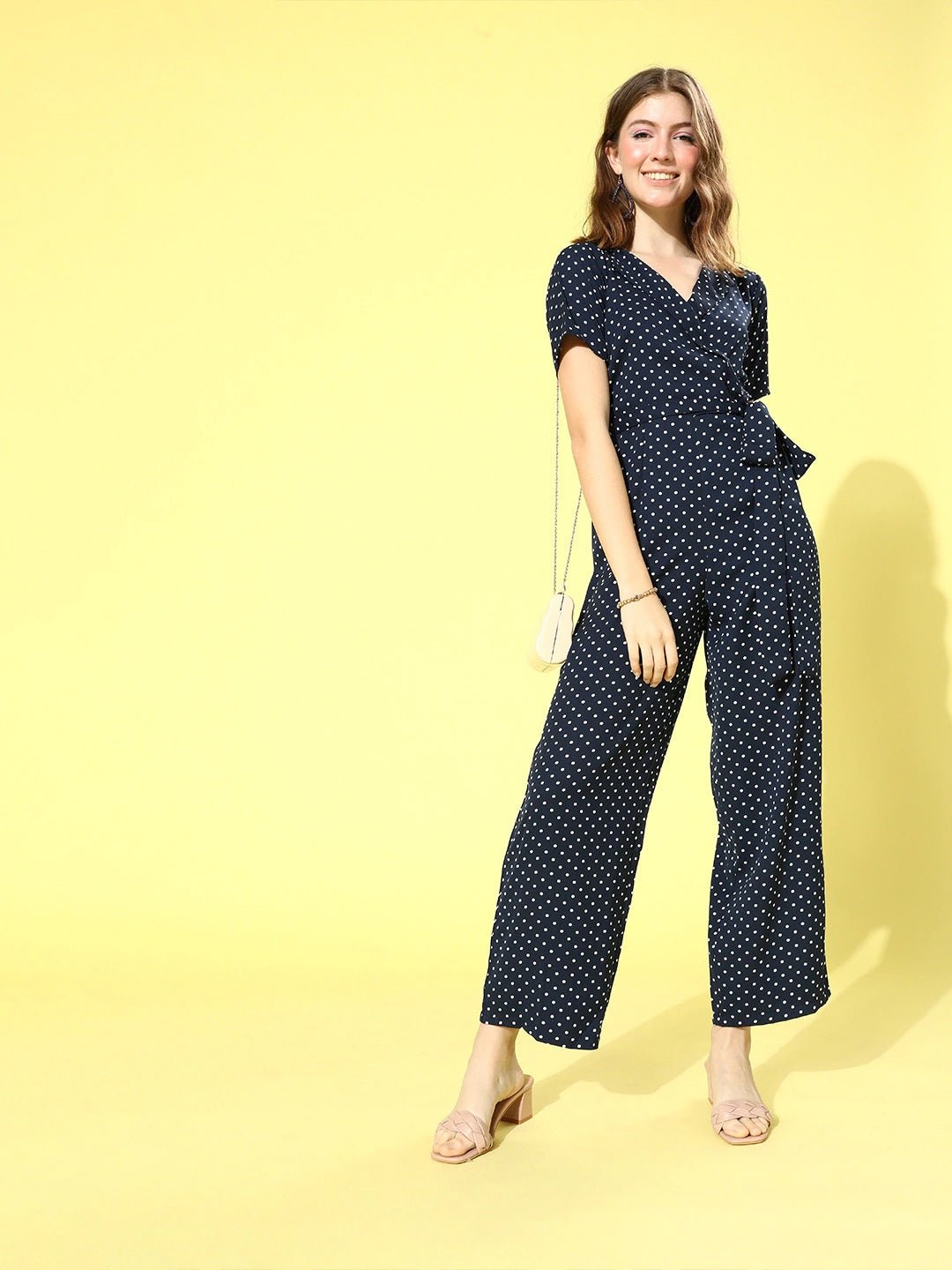 Folk Republic Women Navy Blue & White Polka Dot Printed Shawl Neck Culotte Jumpsuit - #folk republic#