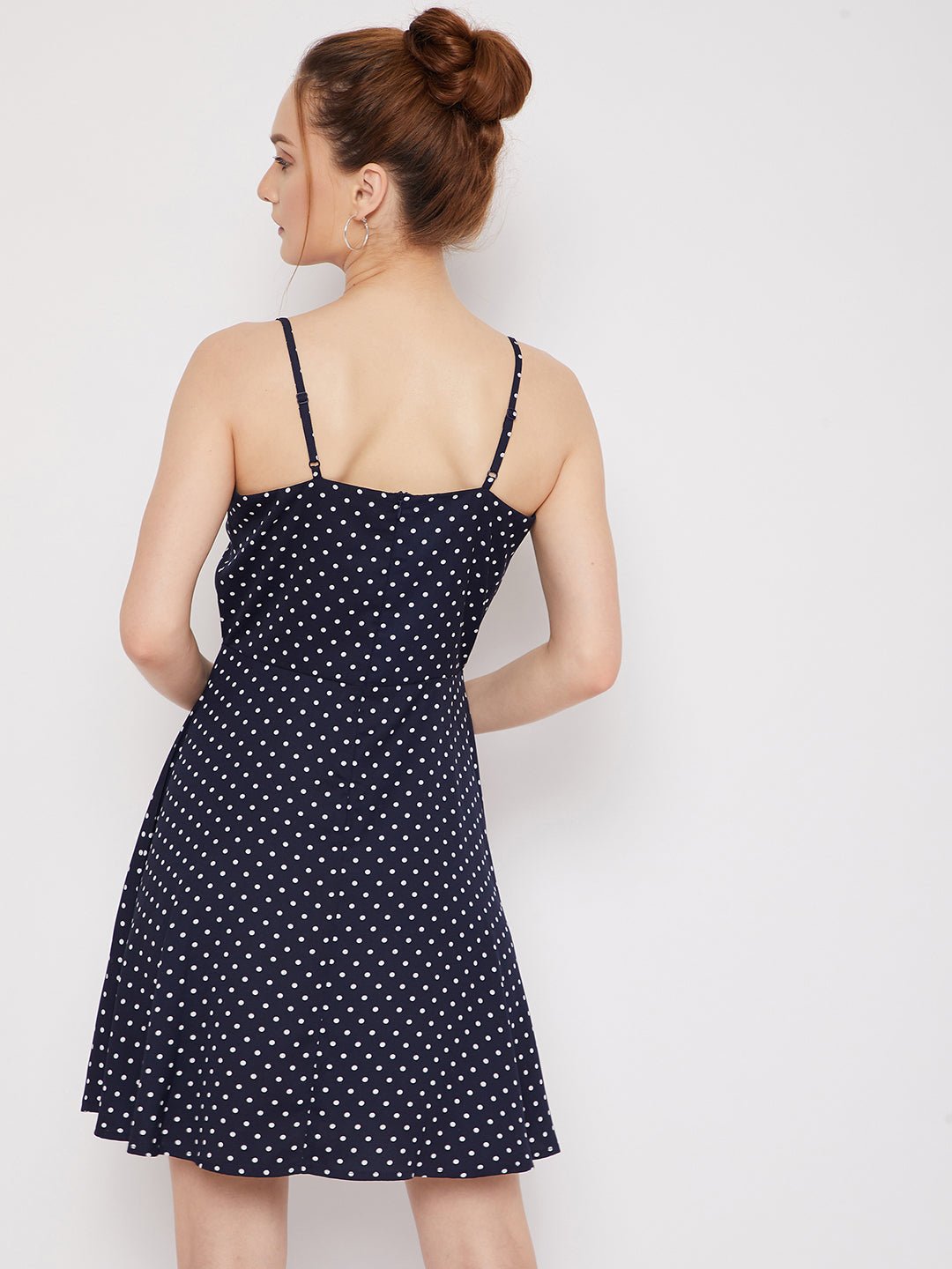 Folk Republic Women Navy Blue & White Polka Dot Printed V-Neck Fit & Flare Wrap Mini Dress - #folk republic#