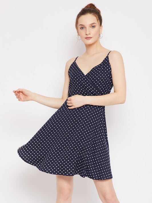Folk Republic Women Navy Blue & White Polka Dot Printed V-Neck Fit & Flare Wrap Mini Dress - #folk republic#