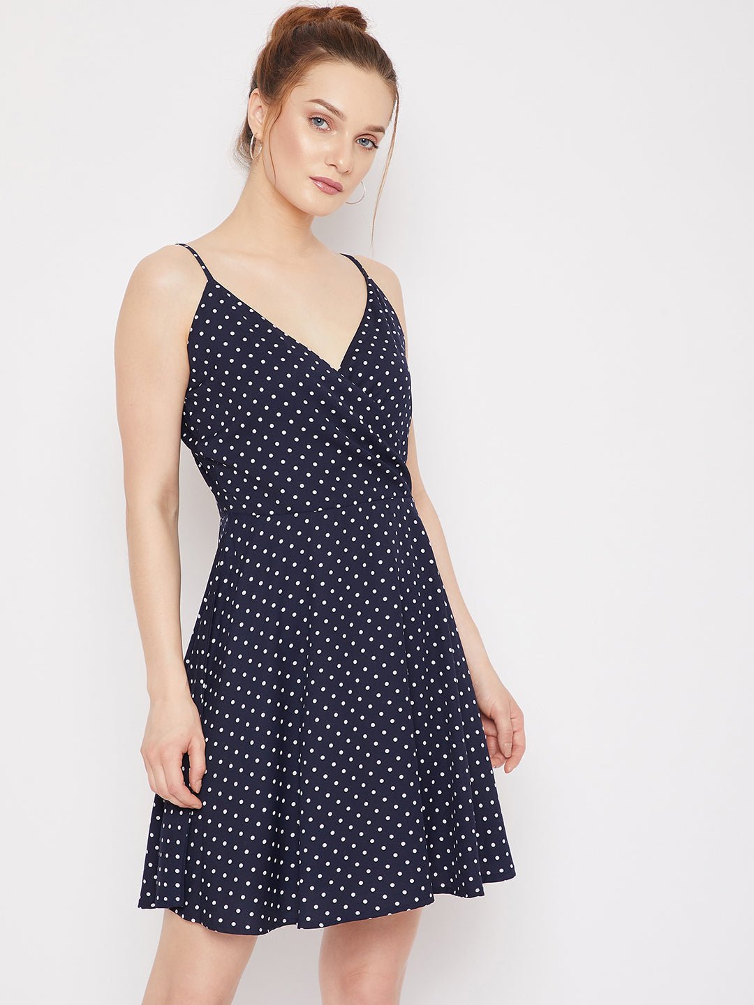 Folk Republic Women Navy Blue & White Polka Dot Printed V-Neck Fit & Flare Wrap Mini Dress - #folk republic#