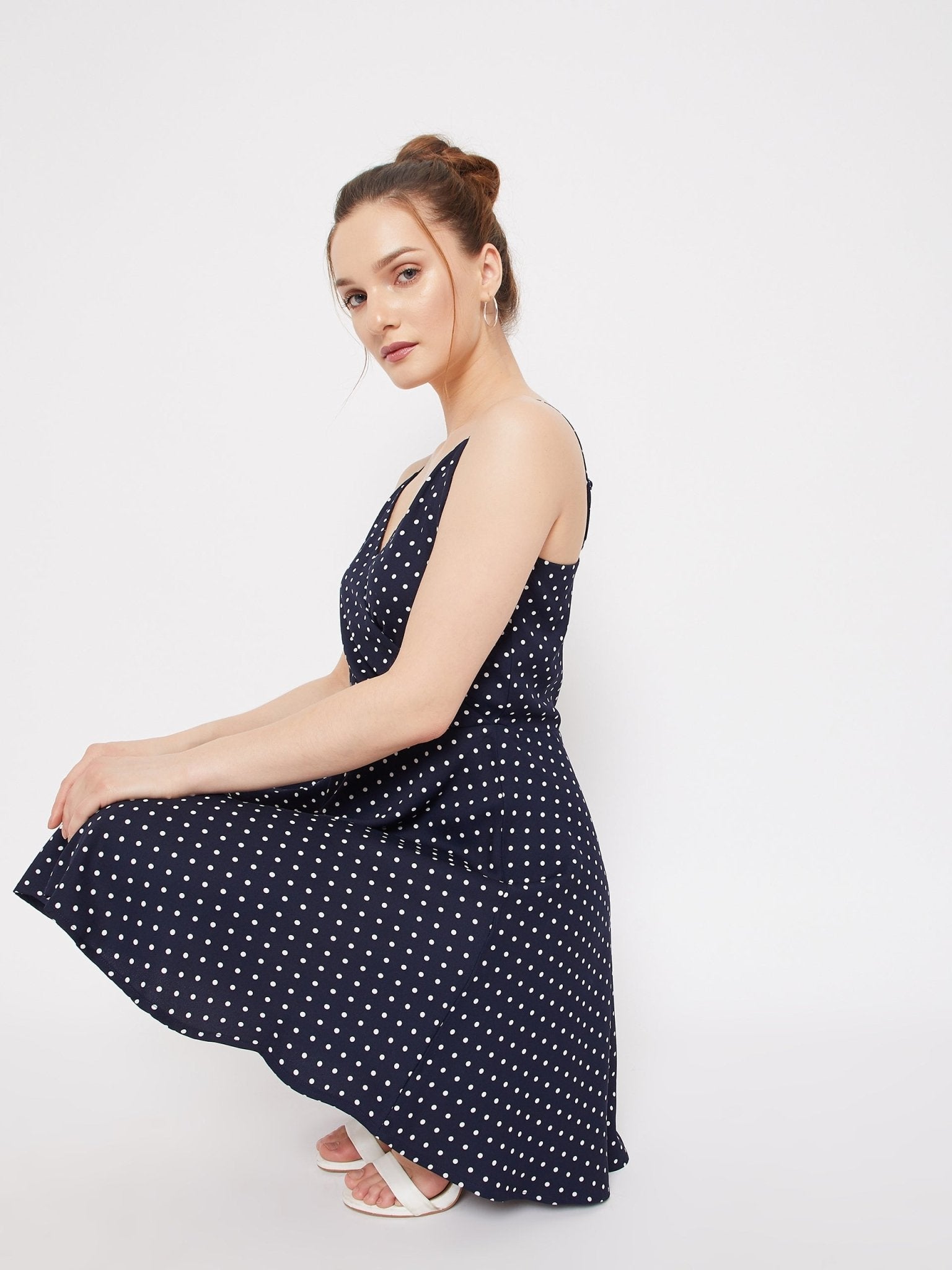 Folk Republic Women Navy Blue & White Polka Dot Printed V-Neck Fit & Flare Wrap Mini Dress - #folk republic#